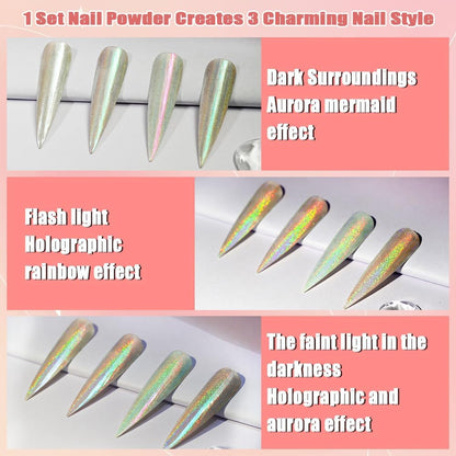 Allstarry Chrome Nail Powder Holographic Aurora Metallic Mirror Laser Effect Pigment, Iridescent ICY Aurora Glitter Dust Kit for Gel Polish Nail Art Decoration, Resin Craft - Emerald Rainbow