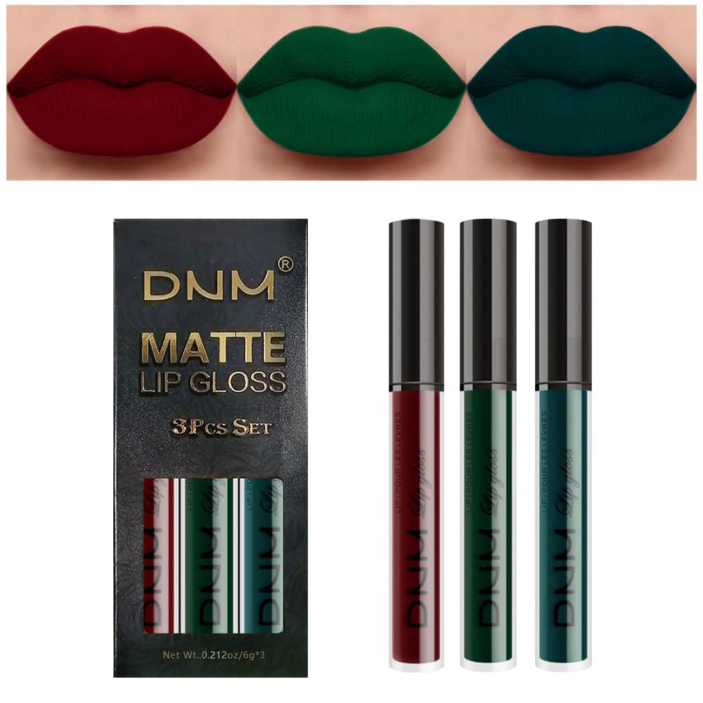 evpct 3Pcs Dark Color Colored Red Emerald Green Matte Liquid Lipstick Make up Set 24 Hour Long Lasting Waterproof Smudge Proof Deep red Green Liquid Lipstick Matte Lip Stain Gloss Liner Kit 8