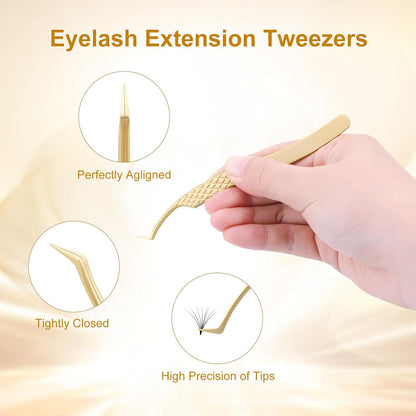 NAGARAKU Precision Fiber Tip Tweezer for Eyelash Extensions Diamond Grip Anti-Static Anti-Slip Premium Stainless Steel Pointed Volume Eyelashes Tweezers Supplies with Box(S Curved Tip Tweezer AG-08)