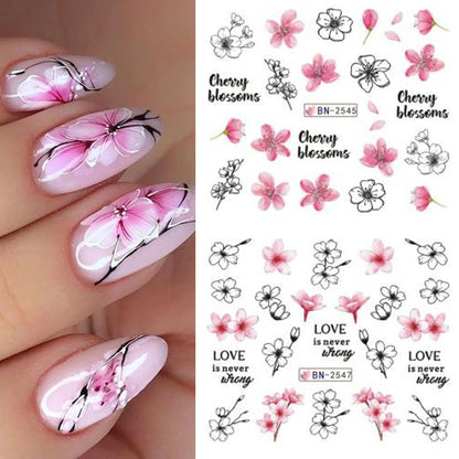 Cherry Blossom Nail Art Stickers - Pink Sakura Water Transfer Foils Decals, Spring Flower Supplies Wrap, Holographic Floral Pattern Acrylic Stickers for Women - 12 Sheets