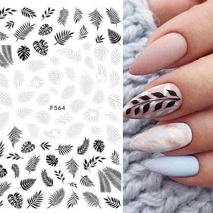 10 Sheets Black White Leaves Flower Nail Art Stickers 3D Self-Adhesive Retro Floral Vine Pattern Nail Decals Tropical Plants Mandala Leaf Geometry Transfer Decals Nail Art Decorations for Women Girls