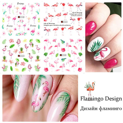 12 Sheet Flamingo Nail Art Stickers Cute Flamingo Green Leaf Design Water Transfer Nail Decals Summer Nail Art Decorations Waterproof Acrylic Nail Stickers for Women DIY Manicure Tips