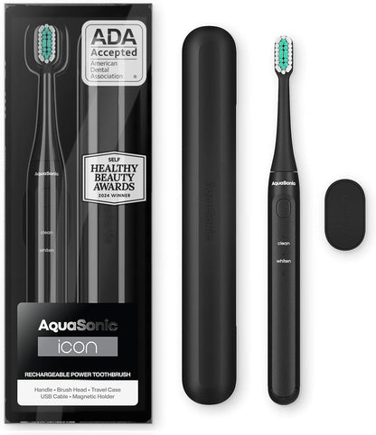 Aquasonic Icon ADA-Accepted Rechargeable Toothbrush | Magnetic Holder & Slim Travel Case | 2 Brushing Modes & Smart Timers | Gentle Micro-Vibrations(Onyx)