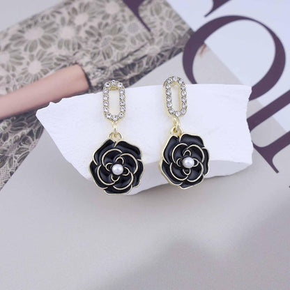 Vintage Black Crystal Flower Drop Earrings Black Flower Earrings Pearl Camellia Earrings Black Camellia Stud Earrings Jewelry for Women