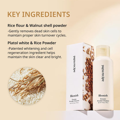 Papa Recipe Blemish Enzyme Powder Rice Cleanser – Gentle Triple Exfoliation with Papain, PHA & Rice Powder – Low pH Korean Skincare Face Wash for Clearer, Radiant Skin