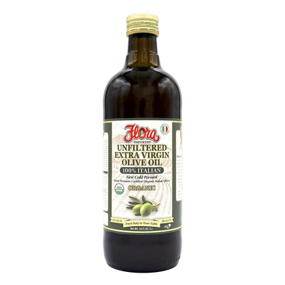 Organic Unfiltered Extra Virgin Olive Oil 1 Liter Bottle | Flora Foods | 100% Authentic Italian (34 Fl Oz /1L) Imported