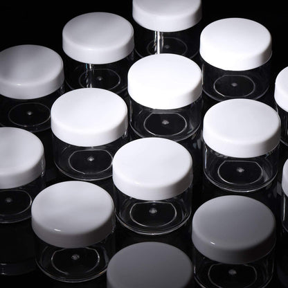 Refillable Cosmetic Sample Jars - 100 Pack 20g (0.7oz) White Small Travel Containers with Lids + 10 Mini Makeup Spatulas - BPA Free