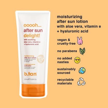 B.TAN After Sun Lotion | Ooooh Aftersun Delight - Aloe Vera & Hyaluronic Acid, Sun Burn Pure Skin Relief, Moisturizing, Soothing, Face & Body Cream, 7 Fl oz
