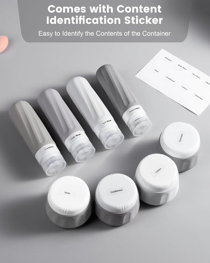 Travel Bottles for Toiletries 8 Pack, Travel Size Toiletries, Tsa Approved Travel Size Containers 3oz, with Travel Essentials Clear Bag, Leak Proof Silicone Squeezable Creams Jars