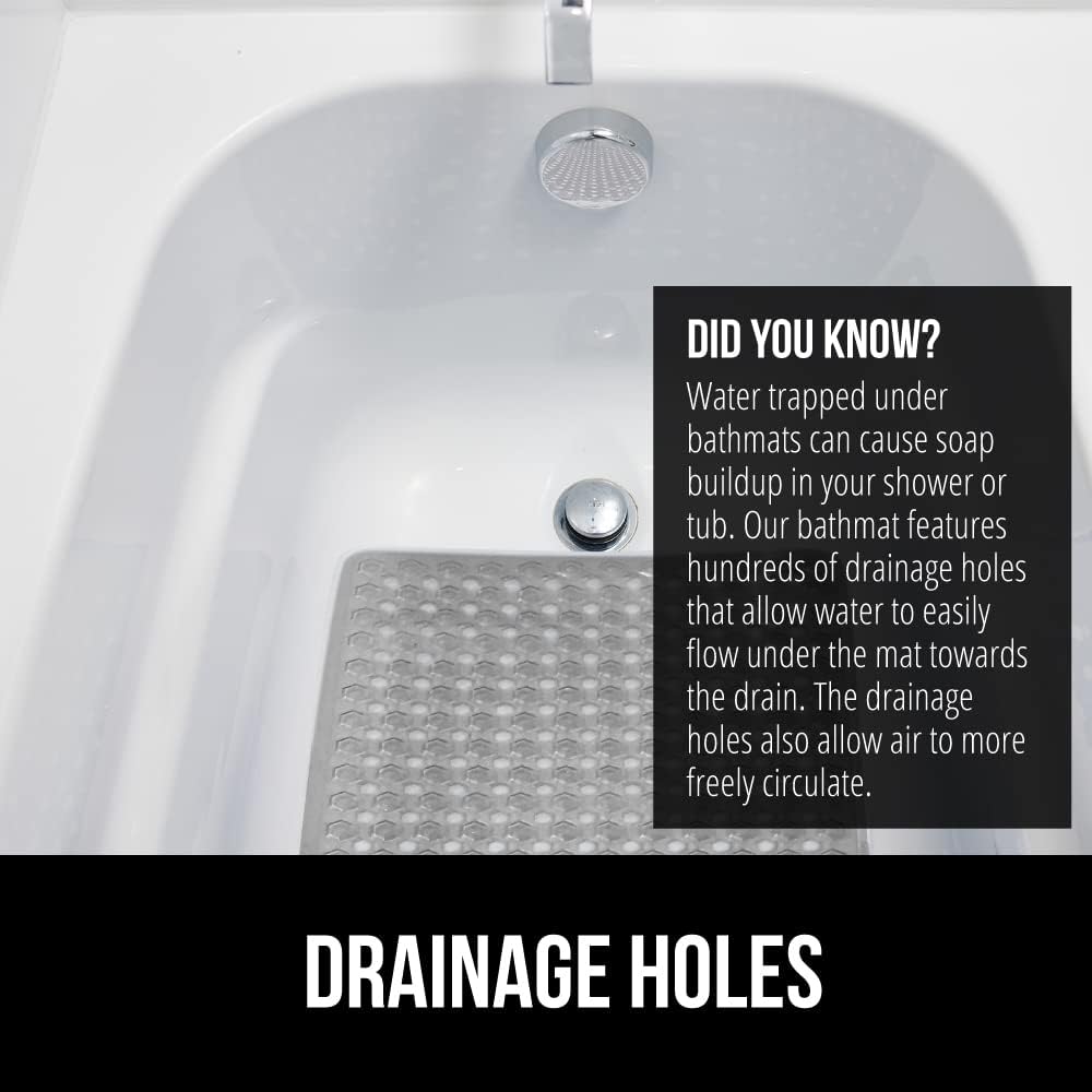 GORILLA GRIP Patented Bath Tub Shower Mat, Machine Washable Bathtub Floor Liner Mats, Suction Cups and Drain Holes to Keep Tubs Clean, Soft on Feet, Bathroom Essentials, 35x16 Inch, Clear Gray