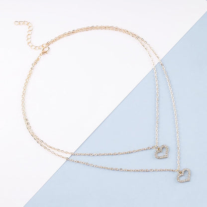 Boho Layered Heart Choker Necklace Crystal Heart Pendant Necklace Gold Double Heart Necklace Cz Open Heart Necklace Chain Jewelry for Women
