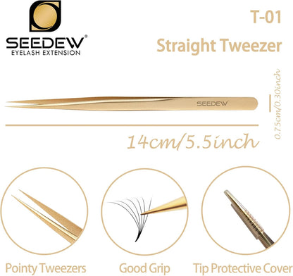 Tweezer Eyelash Extensions 1 PCS Stainless Steel Straight Pointy Tweezer Isolation Professional Precision Supplies False Lash Application Tools for Lash Tech, Lash Artist Beginner(Golden)