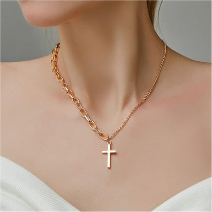 Simple Cross Necklace Asymmetric Chain Cross Pendant Necklace Paperclip Chain Fashion Jewelry for Women and Girls