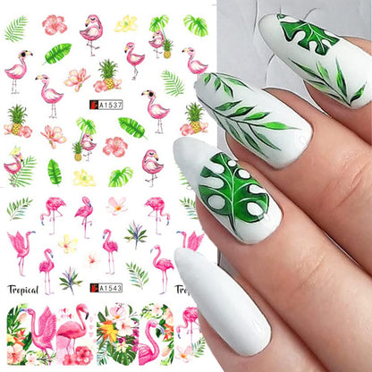 12 Sheet Flamingo Nail Art Stickers Cute Flamingo Green Leaf Design Water Transfer Nail Decals Summer Nail Art Decorations Waterproof Acrylic Nail Stickers for Women DIY Manicure Tips