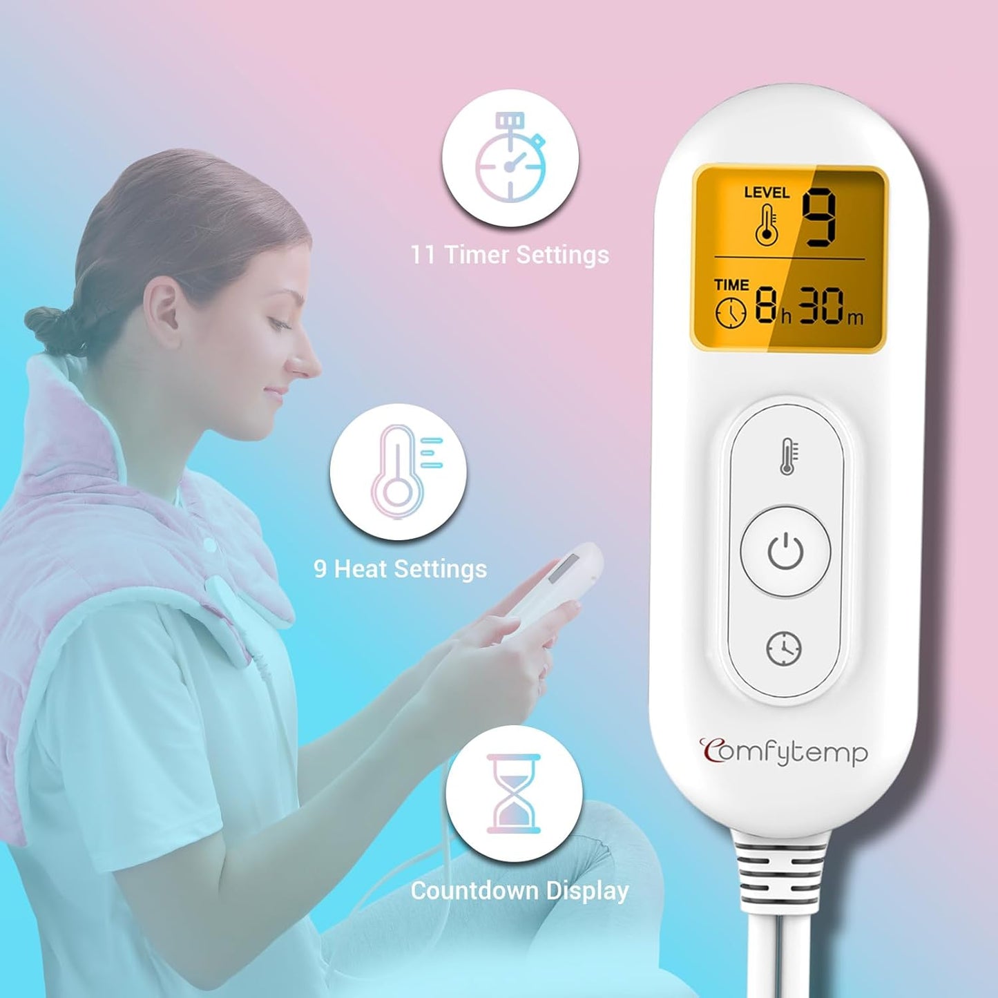 Comfytemp Heating Pad for Neck and Shoulders and Back, Weighted Electric Heat Pad for Pain Relief, 2.6lb Large Heated Wrap, 9 Heat Levels, 11 Auto-Off, Gifts for Women Mom Wife, Pink