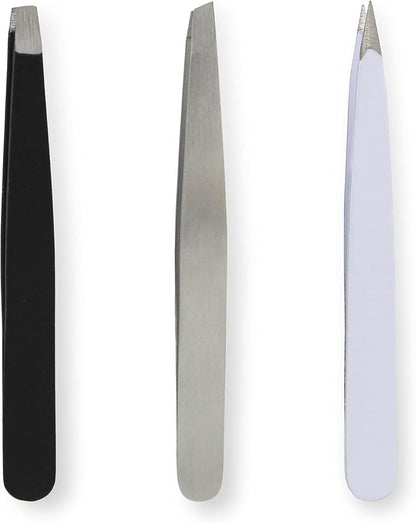 Amazon Basics Mini Eyebrow Tweezers 3-Pack, Black/White/Grey
