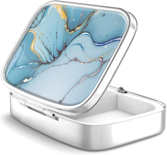 Pill Box 2 Compartment Medicine Pill Case,Portable Pill Box for Pocket or Purse Pill Box Decorative Metal Medicine Vitamin Organizer Unique Gift（Bule Marble）