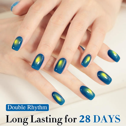 Double Rhythm Jelly Glass Cat Eye Gel Polish with Magnet 15ML Holographic Glitter Shimmer Translucent Sheer Color Magnetic Nail Polish Salon DIY at Home (Golden Blue-MC1255)