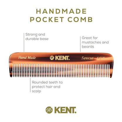 Kent A FOT Handmade Pocket Comb for Men, Women and Kids, All Fine Tooth Hair Comb Straightener for Everyday Grooming and Styling Hair, Beard and Mustache, Saw Cut and Hand Polished, Made in England