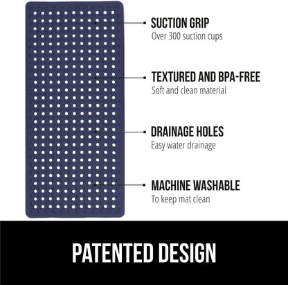 GORILLA GRIP Patented Bath Tub Shower Mat, Machine Washable Bathtub Floor Liner Mats, Suction Cups and Drain Holes to Keep Tubs Clean, Soft on Feet, Bathroom Essentials, 35x16 Inch, Navy Opaque