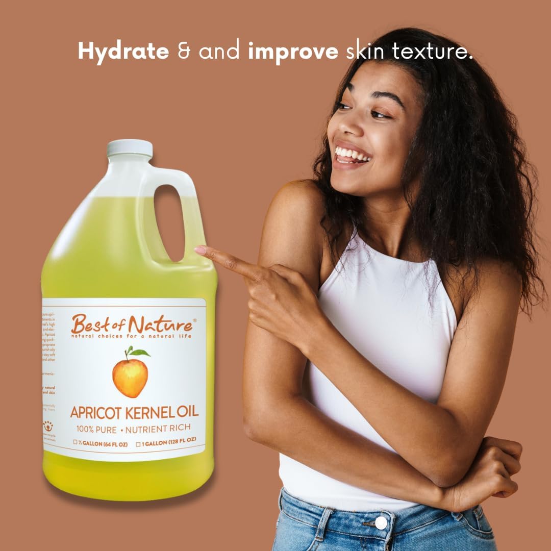 Best of Nature 100% Pure Apricot Oil – Lightweight Massage & Body Oil, Unscented Moisturizer for Hair, Skin, Face, Ideal Carrier Oil for Essential Oils, Half Gallon (64 fl oz)