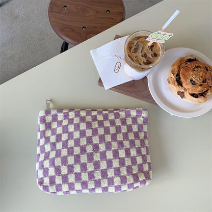 PAZIMIIK Knitted Checkered Makeup Bag Large Zipper Make Up Accessory Pouch for Purse Cosmetic Brush Bag for Travel Essential,Purple