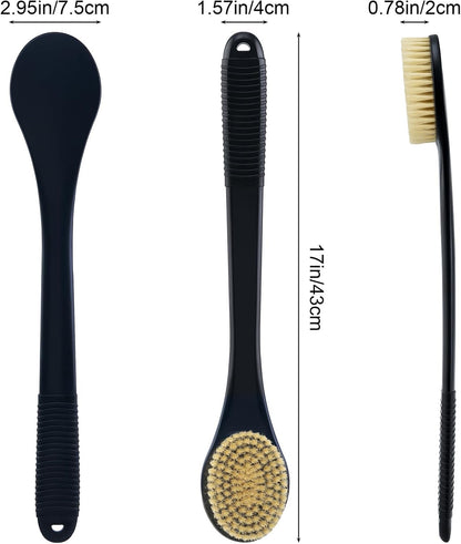 Back Scrubber for Shower, Shower Body Brush for Cleaning with Long Handle for Showering, 17 Inch Back Washer Exfoliator for Shower Men Women with Non-Slip Handle, Adhesive Hook (Black-Boar Bristles)