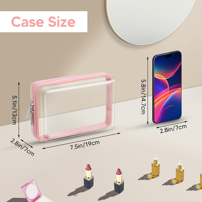 2 Pcs Clear Hard Zipper Case, Hard PC Plastic Cosmetic Travel Bag, Portable Travel Organizer Bins, Durable Makeup Bags for Toy Storage, Pencil Case(Pink Zipper)