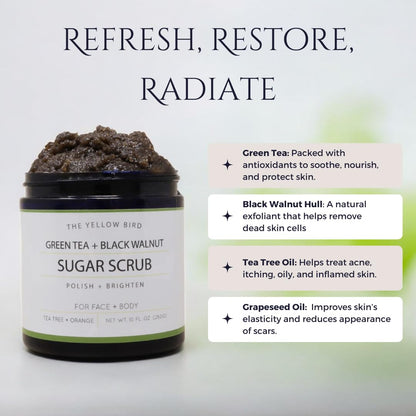 Natural Green Tea Sugar Scrub. Face, Body, and Foot Exfoliator. Helps with Moisturizing, Acne, Celluite, Wrinkles, and Exfoliating Dead Skin.