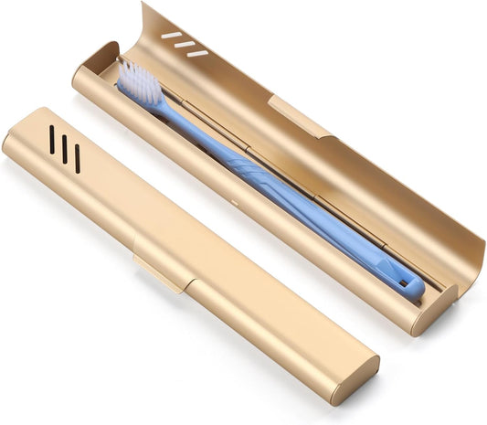 Travel Toothbrush Case, Portable Toothbrush Holder, Durable Aluminum Toothbrush Storage Box, Small Breathable Manual Toothbrush Container for Traveling, School, Camping, Business Trip - Gold