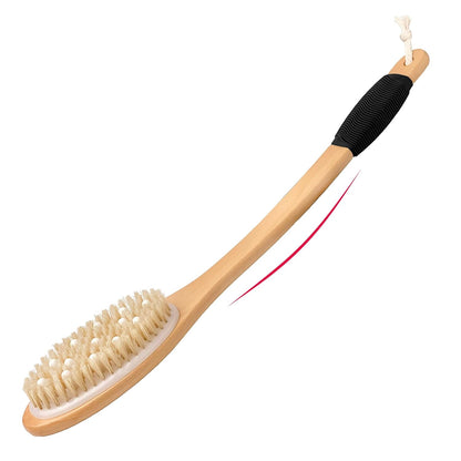 OWIIZI Bath Brush with Cellulite Massagers, Wooden Curved Long Handle Antiskid Dry Brushing Body Brush for Exfoliating, Natural Bristle Back Scrubber for Shower Use Wet or Dry for Men Women Elders