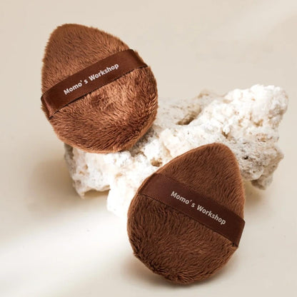 Momo's Workshop Long Fluffy Brown Egg-Shaped Powder Puff,Large Coverage, Even Powder Application, Soft Blurring Finish for Loose&Pressed Powder,Blush,Makeup Puff Applicator with Storage case,2pcs