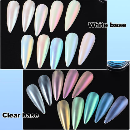 10 Colors Mermaid Pearl Chrome Nail Powder, Iridescent Aurora Powder Metallic Mirror Effect Pigment Pearlescent Nail Art Glitter Dust Kit for Gel Polish Nail Art Decoration