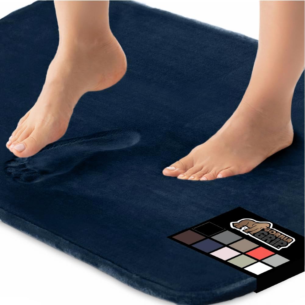 GORILLA GRIP Memory Foam Bath Rugs, Soft Absorbent Velvet Bathroom Mats, Durable Dots on Underside, Machine Washable Bathmat, Carpet Rug Room Decor for Shower Floor, 48x24 Mat, Navy Blue
