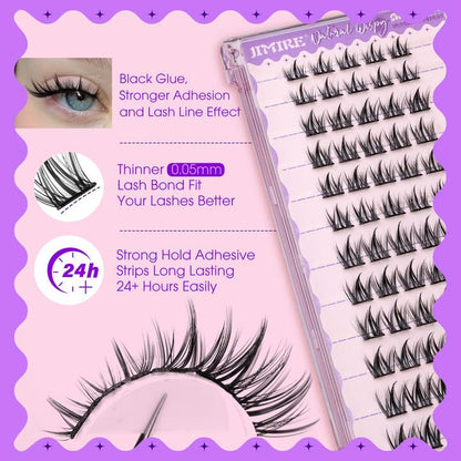 Self Adhesive Eyelashes Manga Lash Clusters Natural Look 8-14MM Wispy Pre Glued Eyelashes Clusters No Glue Needed Press on Lashes Reusable Invisible Band Cluster Eyelash Extensions by JIMIRE