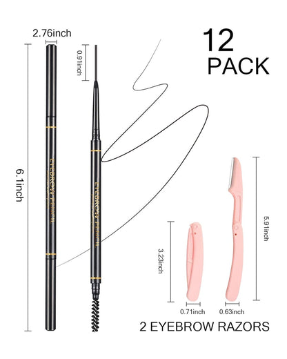 Black Eyebrow Pencils for Women, 12Pcs Ultra Slim Eyebrow Pencil with 2 Brow Razors Kit, Double Head 1.5mm Micro-Fine Tip & Spiral Brush, Can Draw Fine and Long-Lasting Brows Makeup