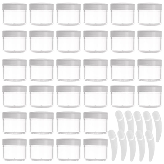 Refillable Cosmetic Sample Jars - 100 Pack 20g (0.7oz) White Small Travel Containers with Lids + 10 Mini Makeup Spatulas - BPA Free