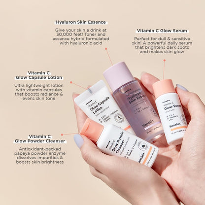 Hanskin Glow Skin On The Go Kit, Set of 4, Essential Travel Skincare Set for Glowing & Nourishing Skin on the Plane, Powder Cleanser Skin Essence and Facial Serum Cleansing Balm