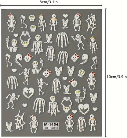 2 Sheets Halloween 5D Embossed Nail Art Stickers - Skeleton, White Skull Nail Stickers with Spider Web Heart Design - Self-Adhesive Horror Decals for Women - Art Supplies and Decorations