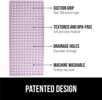 GORILLA GRIP Patented Bath Tub Shower Mat, Machine Washable Bathtub Floor Liner Mats, Suction Cups and Drain Holes to Keep Tubs Clean, Soft on Feet, Bathroom Essentials, 35x16 Inch, Clear Purple