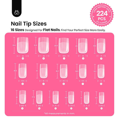 Beetles Tipex Instant Apex Nail Tips Kit Short Square , 224 Pcs Pre-Building Pre-Etched False Nail Tips with Tipex Nail Glue, Mini Nail Lamp-Thick Acrylic Nail Tips Set