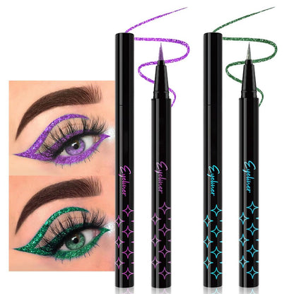 evpct 2Pcs Metallic Purple & Green Glitter Glittering Diamond Liquid Eyeliner Eye Makeup Pencil Set, Sparkle Shimmer Colored Eyeliner Pen Waterproof Smudge Proof Long Lasting High Pigmented