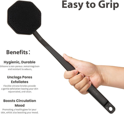 iTokGoK® Premium Silver-Infused Silicone Back Scrubber with Long Handle Back Brush for Shower,Back Brush Long Handle for Men and Women,Ergonomic No-Slip Handle, Long-Lasting (Black)