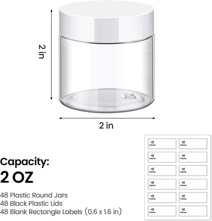 TUZAZO 48 Pack 2 Oz Small Plastic Container Jars with Lids and Labels BPA Free, Empty Round Clear Cosmetic Containers Plastic Slime Jars for Lotion, Cream, Ointments, Samples, Travel Storage (48)