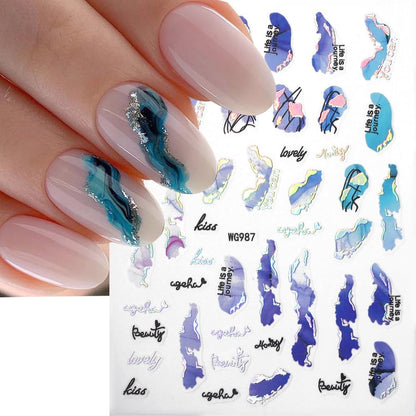6 Color Marble Nail Art Stickers - Women's 3D Bronzing Silver & Watercolor Blooming Decals - Self Adhesive Foil Nail Designs