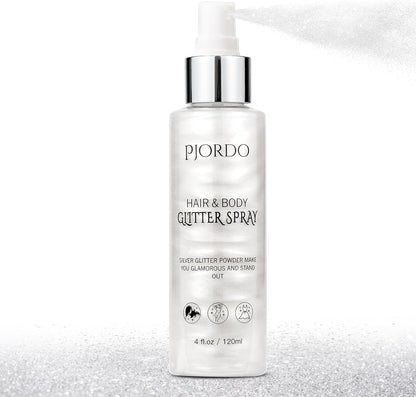 Body Glitter Spray, Silver Glitter Spray for Hair Body and Clothes, Shimmer Spray, Glitter Spray Highlighter Makeup for Festival Rave Stage Concert Party 4FL.OZ