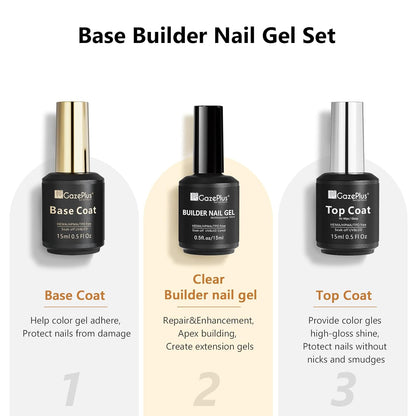 3Pcs 15ml Builder Nail Gel with Base and No Wipe Top Coat Set 10-in-1 Clear Builder Gel With Top and Base Coat Shine Finish and Long Lasting for Nail Extension Strengthener