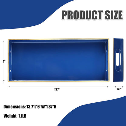 Blue Bathroom Vanity Tray for Countertop, Small Plastic Toilet Tank Versatile Storage & Organization Tray for Makeup, Perfume, Desk, Kitchen, Candles, 13.7"x6"x1.4", 35HB