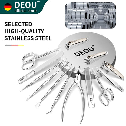 DEOU 13pcs Nail Grooming Kit Stainless Steel Professional Manicure Set Men Nail Care Tools with woman Luxurious Portable Travel Case Gift (Gray)