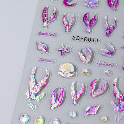 5D Dreamy Mermaid Tail Nail Stickers Summer Nail Decals 5D Embossed Laser Mermaid Nail Art Stickers Sea Wave Fishtail Shellfish Starfish Nail Design Stickers Self Adhsive Ocean Stickers for Nails DIY